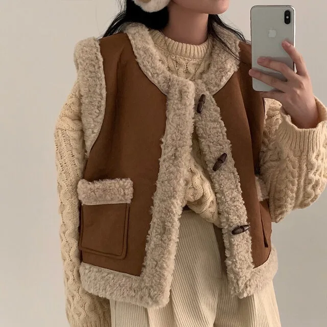 

Korean style Corner buckle fur integrated lamb wool vest jacket female