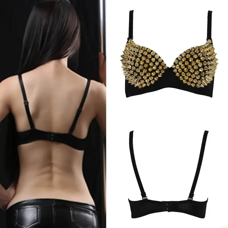 

L38E Women Metallic Spiked Studded Rivet Bra Punk Push Up Tops Party Underwear