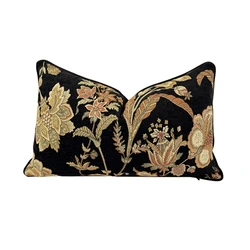 Fashion Black Velvet Floral Waist Pillow Case Vintage Woven Jacquard Chenille Lumbar Living Cushion Cover Sell by Piece 30x50cm