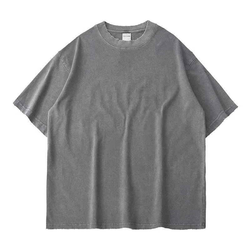Summer European and American Trendy Brand Retro Washed and Aged T-shirt 300G Round-neck Heavy Wear