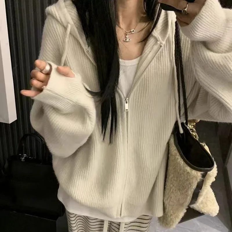 

Autumn Winter New Arrival Comfortable Casual Fashion Top Laid-back Style Zipper Hoodie Knitted Loose Women's Sweater Coat