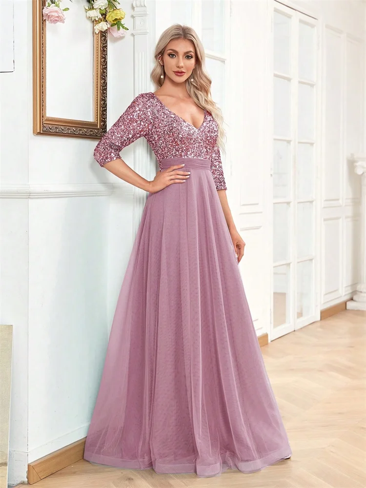 

Роскошные розовые вечерние платья с V-образным вырезом, тюлевыми вставками, короткими рукавами и пайетками, элегантные коктейльные платья для женщин