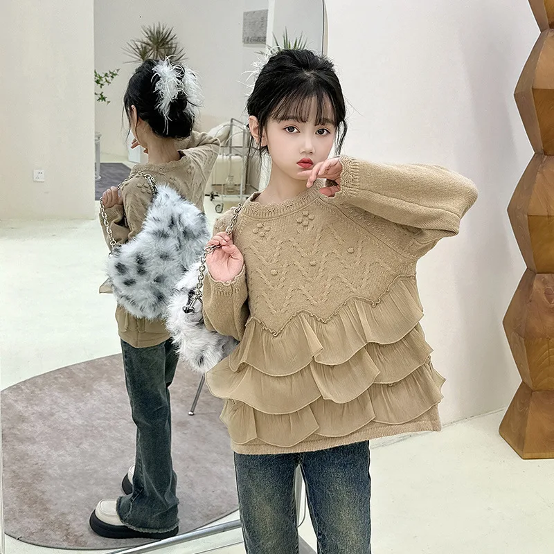 teenager Girls Sweater  Autumn 2023 New Sweet Autumn Knitwear Childrens Patchwork lace Thread Fashion sweater tricot infantil