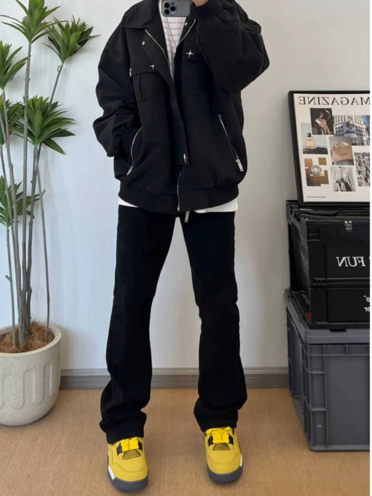 

Bla High Waist Men's Jeans Versatile American Sle Oversize Long Pants Straight Leg Cotton Polyester Blend Wear Resistant