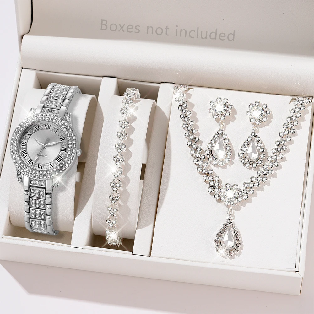 Silver 5PCS/Set Women Watch Roman Numeral Scale Diamond Dial Quartz Wristwatch Alloy Strap Watch Anchor Jewelry Set Gift For Mom