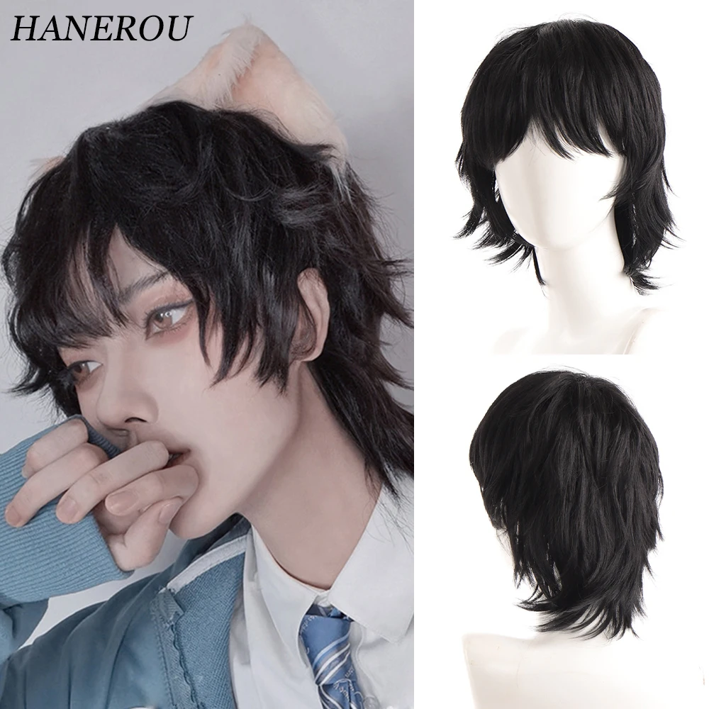 HANEROU Black Men\'s Wig Synthetic Short Straight Natural Hair Wig for Cosplay Party Daily High Temperature Fiber