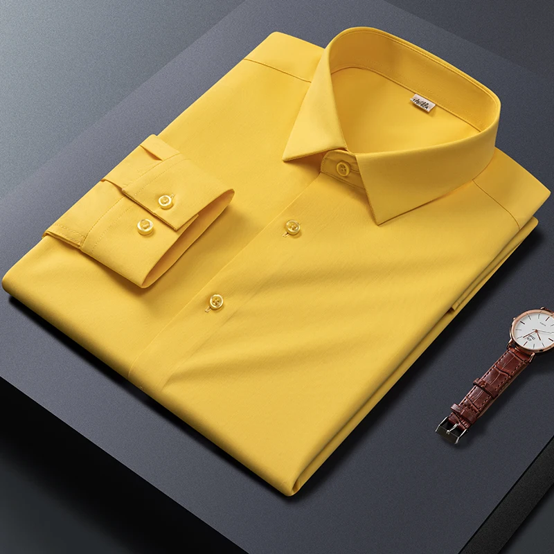New in Shirt Bamboo Fiber Elastic Long Sleeve Shirts for Man Slim Fit Formal Plain Shirt Office Elegant Designert Red Clothes