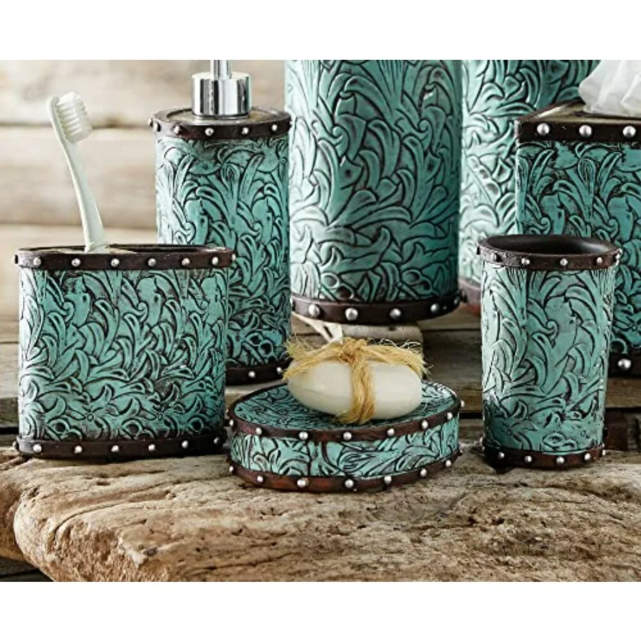 

BLACK FOREST DECOR - Tooled Turquoise Flowers Bath Set - Includes Tumbler Soap Dish and Toothbrush Holder - 3 Piece Set