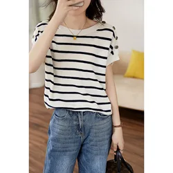 Fashion O-Neck Loose Button Knitwear Women New Summer Short Sleeve Striped T-Shirts Casual Vintage Korean Fashion Knitted Top