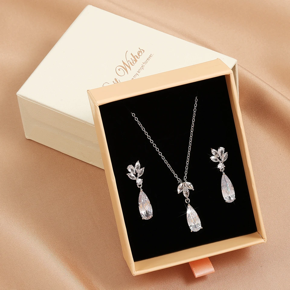 ZAKOL Romantic Water Drop Cubic Zirconia Necklace Earrings Jewelry Sets for Women Luxury Wedding Accessories SP3169