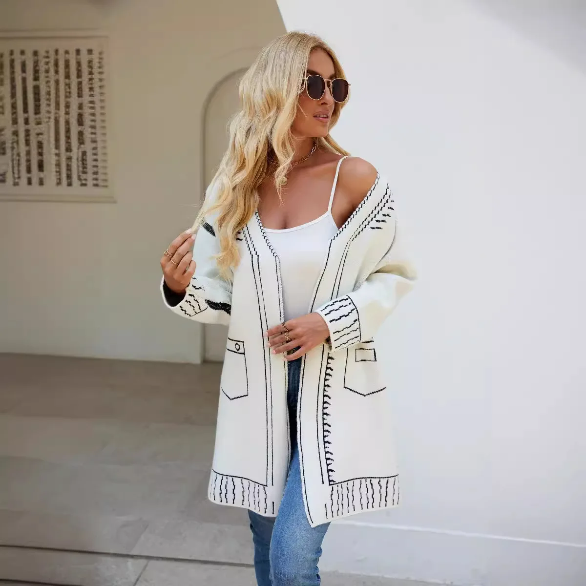 2024 Autumn/Winter Fashion Pattern Jacquard Knit Women Long Cardigan Loose Knitted V-neck Fashion Sweater Knitted Coat Top Lady