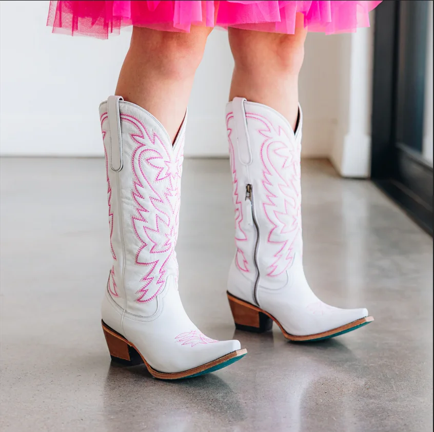 

New White Cowgirl Boots Retro Embroidered Chunky Heels Western Boots 2024 Autumn Mid Calf Women's Boots