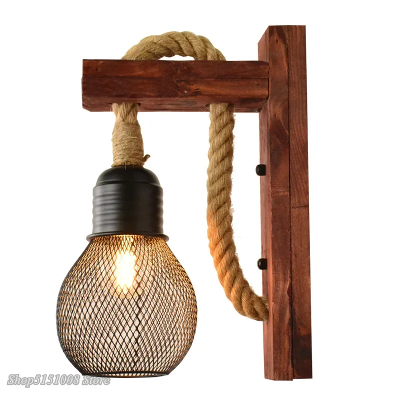 Vintage Hemp Rope Wall Lamp with Plug Wood Wall Lamp E27 Indoor Loft Outdoor Corridor Wall Lights Industrial Sconce Bedside Lamp