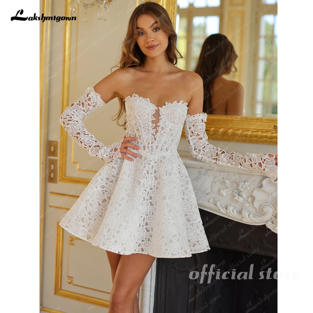 Lakshmigown Lace Short Wedding Dresses Off The Shoulder Long Sleeves Mini Illusion Lace up Wedding Prom Bridal Gown Customized