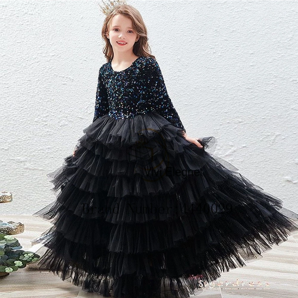 

Charming Scoop Flower Girls Dresses with Sequined 2024 Summer Soft Tulle Christmas Gowns Tiered Full Sleeve فلور فتاة اللباس