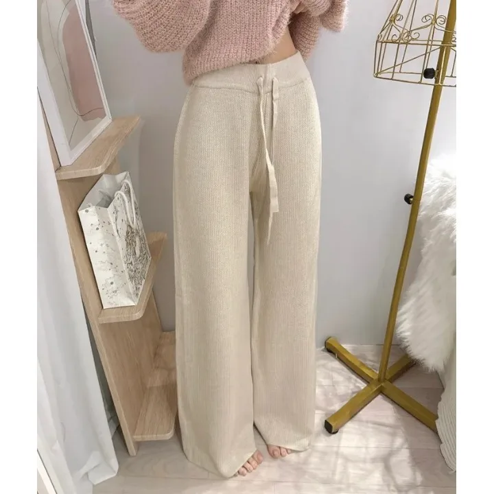 Chic taille haute tricoté pantalons décontractés femmes coupe ample Simple Sle automne hiver nouveauté longueur de plancher pantalon à jambes larges
