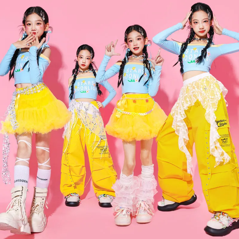 Girls K-pop Crop Top Lace Cargo Pants Street Dance Skirts Kids Hip Hop Streetwear Children Jazz Costumes Girl Group Clothes Sets
