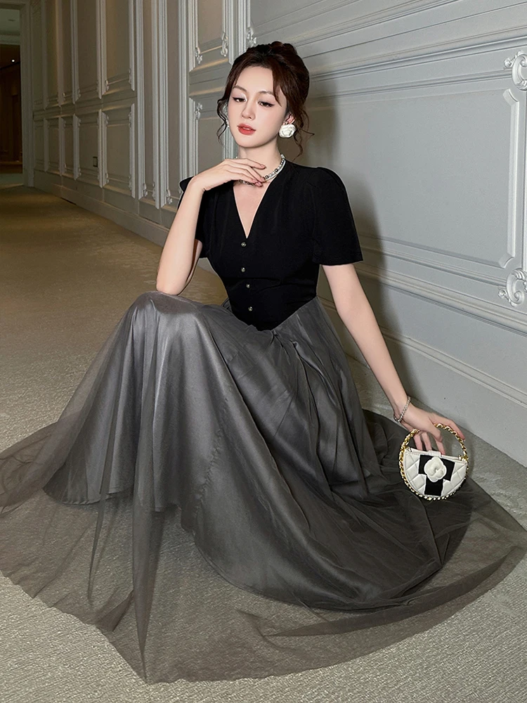Women's French Elegant Evening Dress for Woman Retro Celebrity Single Breasted Sheer Mesh Swing Robe Female Prom Party Vestidos