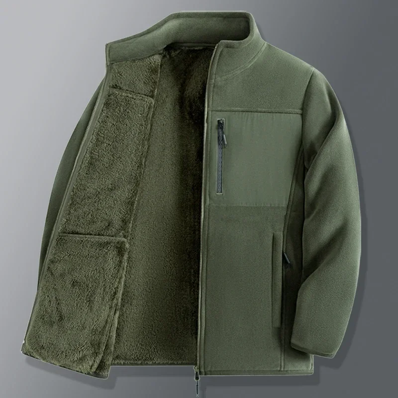 New Mens Zipper Pockets Jacket Hiking Training Outwear Windbreaker  Full Zip Up Green Fleece Jacket Thermal Warm Work Coats
