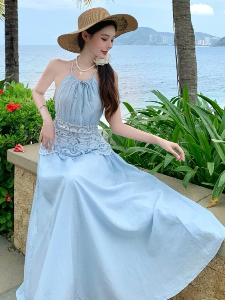 SMTHMA Vintage Embroidery Hollow Out High Waist Pleated Dress Women Sexy Sleeveless Long Dresses Summer Sexy Holidays Party Robe