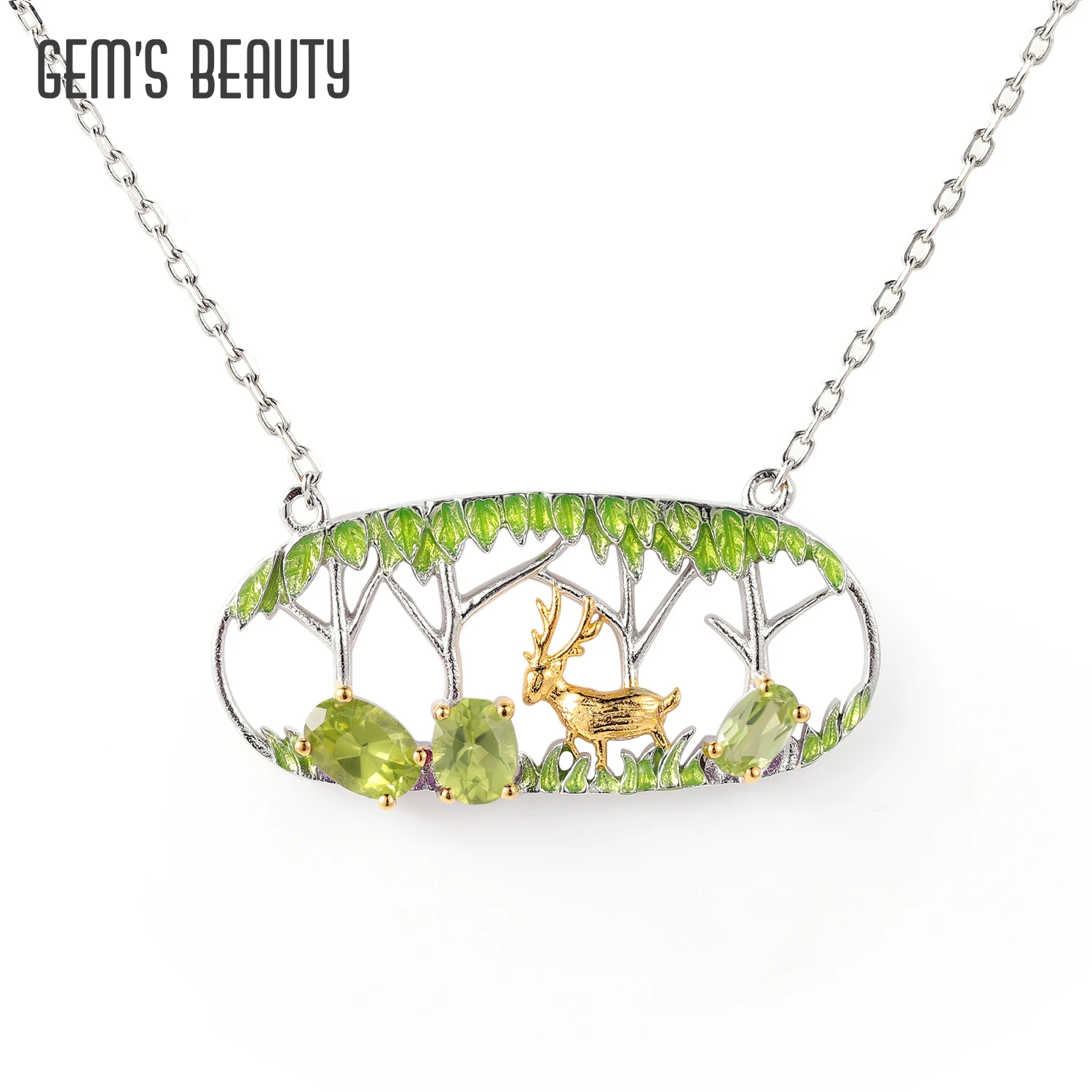 GEM'S BEAUTY Deer in the Woods Necklace Oval Natural Peridot Outdoor Sterling Silver Necklace Wanderlust Jewelry Gift for Her