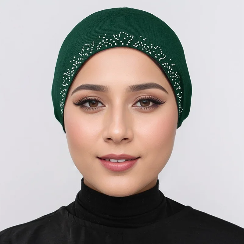 

Женская однотонная кепка с завязками на спине, мусульманский трикотаж со стразами, внутренний хиджаб, нижний шарф, тюрбан, шапочка-бини, шляпа ниндзя, подложка, тюрбан