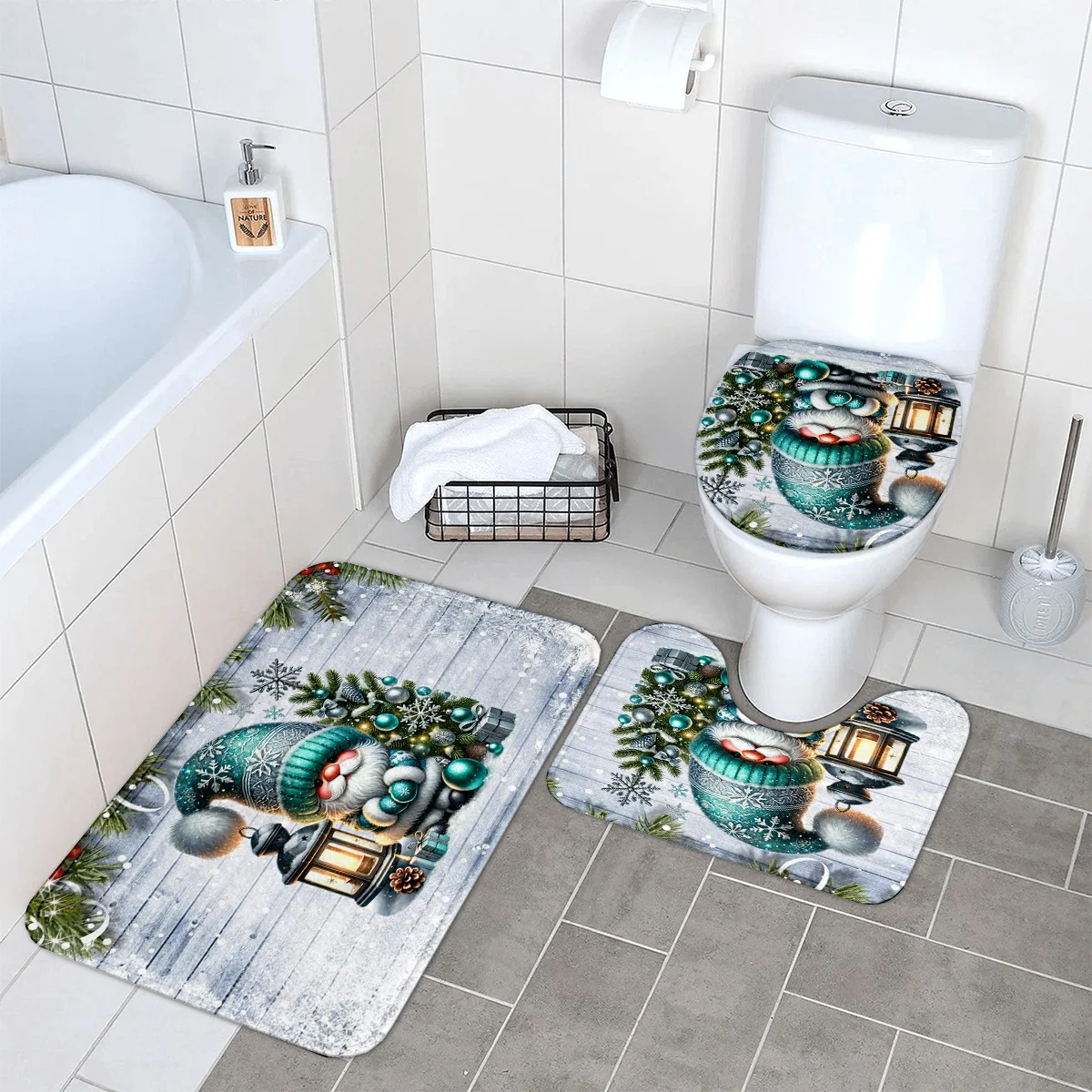 2D Flat Christmas Gnome Lantern Bathroom Mat Set, 3pcs, Pine Branch Snowflake Wooden Board Pattern, Home Decor for Bathroom