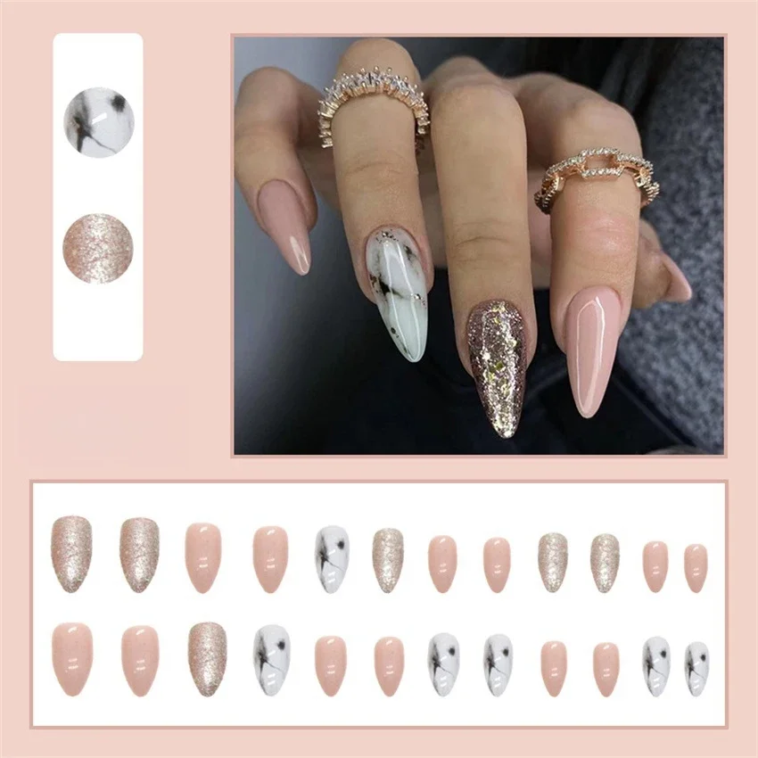 24Pcs/Set French Almond Wearing False Nails Acrylic Fake Nails Tips Gold Foil Colour Blocking Leopard Print Press on Nails Art