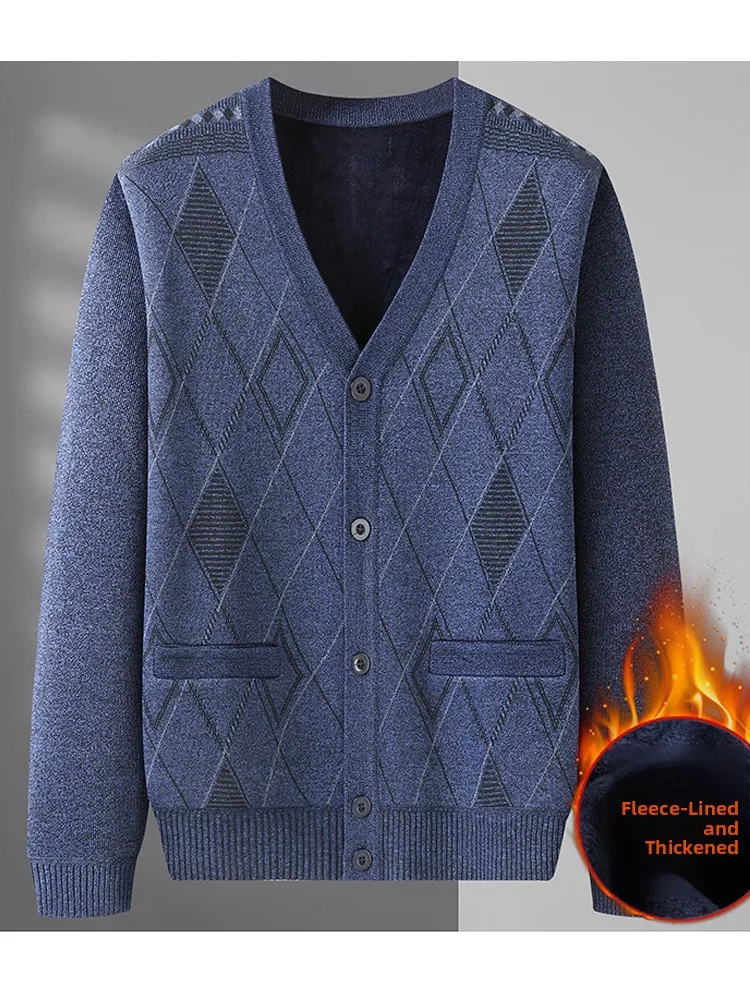 

Men's Autumn Winter Thiened Fce Lined V-ne Casual Knitted Cardigan Warm Outerwear Soft Cotton Blend Busin Casual Sle