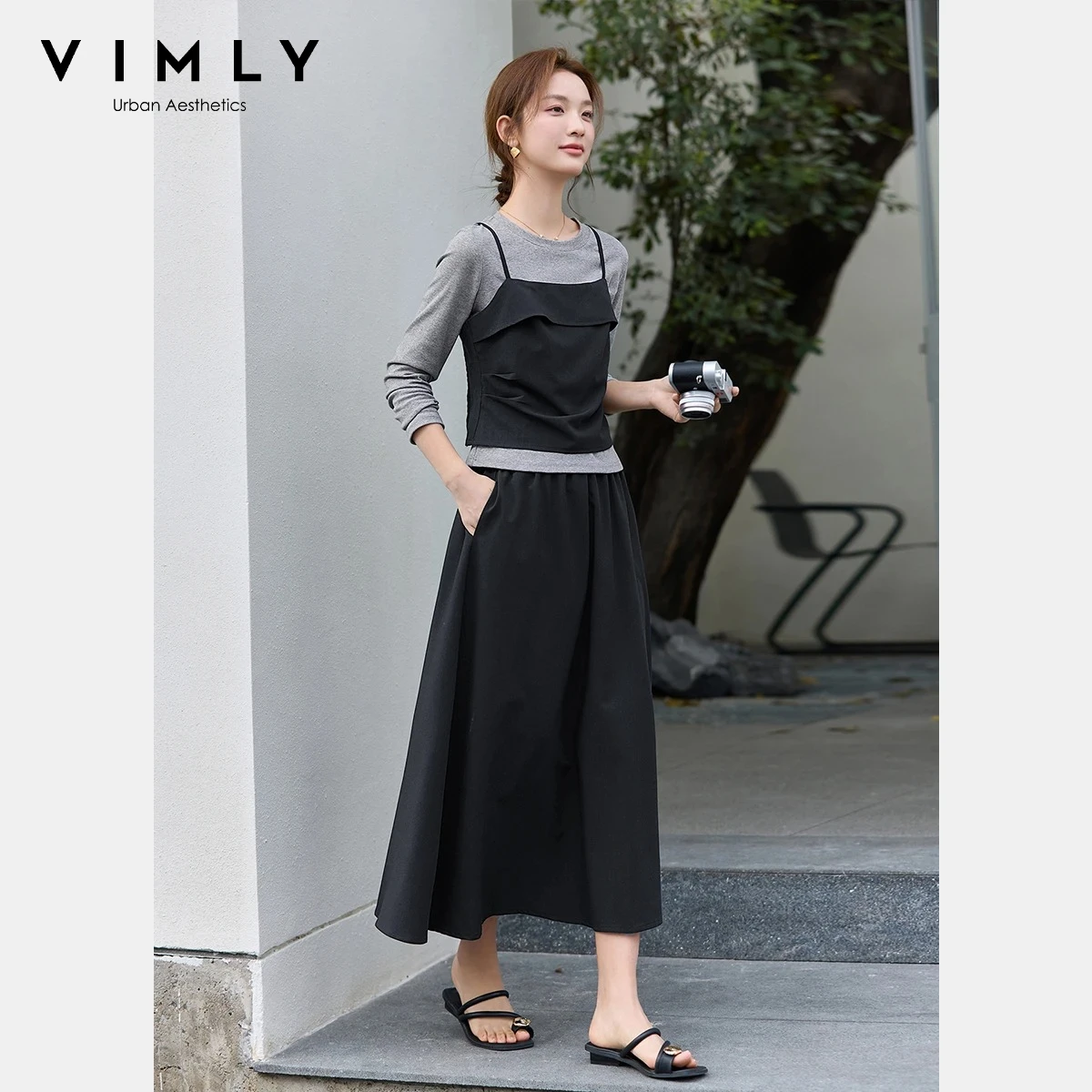 

VIMLY Casual Skirt Sets for Women 2026 Spring New Office O-Neck Long Sleeve Top Slim Camisole Midi Skirt Three Piece Set 30776