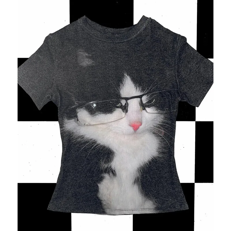Y2K Black Cat Tee Europäisch-Amerikanisches Sommer Retro Street Vielseitiges Slim Fit Kurzarm-T-Shirt Kurzes Oberteil