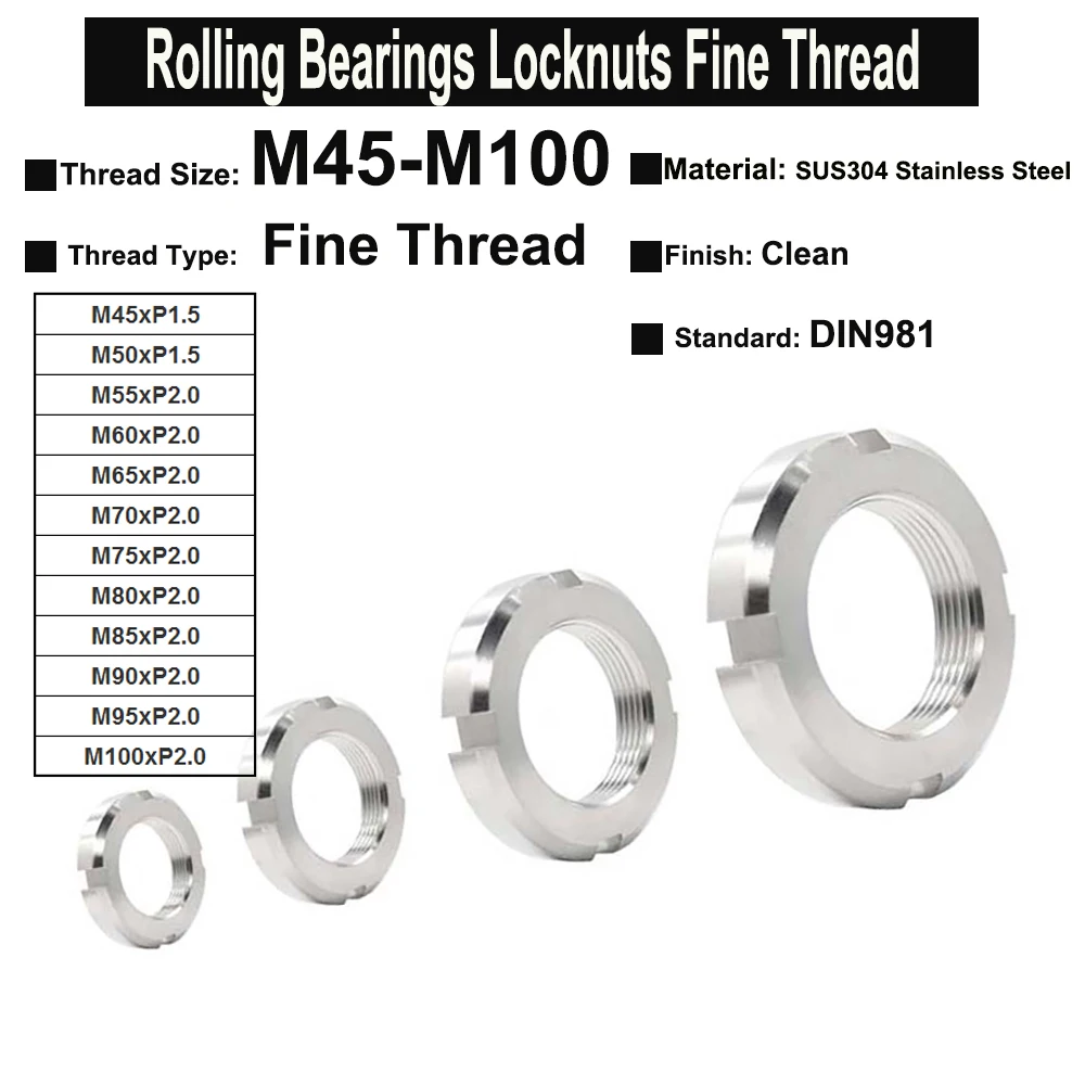 

1Piece-5Pcs DIN981 M45 M50 M55 M60 M65 M70 M75 M80-M100 SUS304 Stainless Steel Rolling Bearings Locknuts with Fine Pitch Thread