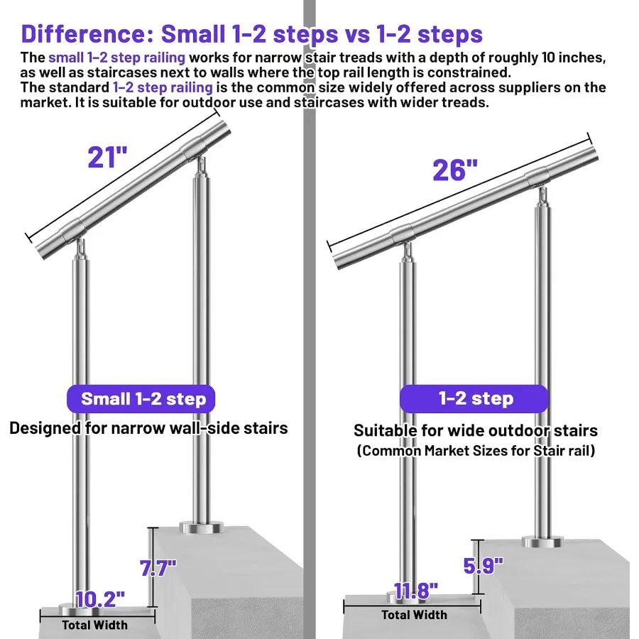 Outdoor Handrail, DIY 2 OD 304 Stainless Steel Transitional Hand Rails with Installation Kit, Silver Porch Stair Railing for Co