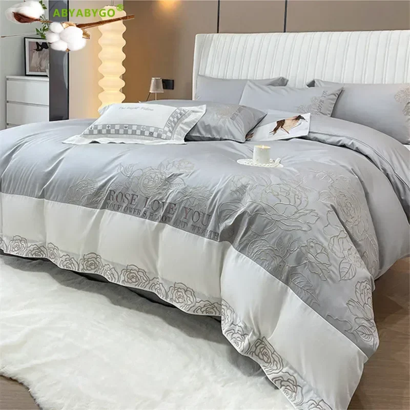 Romantic Bedding Set Luxury Duvet Cover Set Pure Cotton Rose Embroidery Bed Sheets and Pillowcases Home Textiles