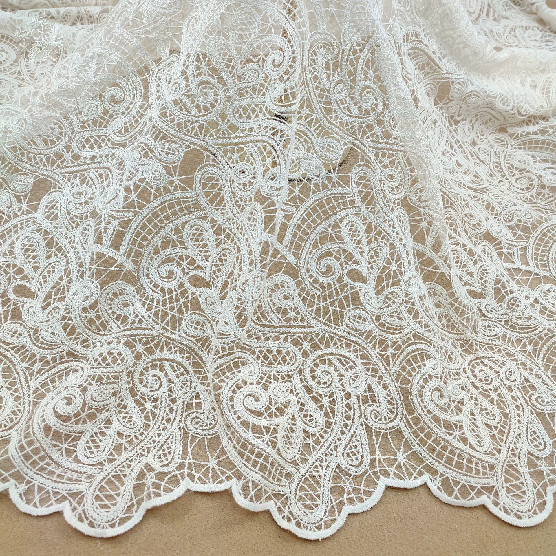130cm Wide French Apricot Embroidered Cotton Lace Clothing Wedding Dress Mesh Fabric Lacefabric 3D Embroidery