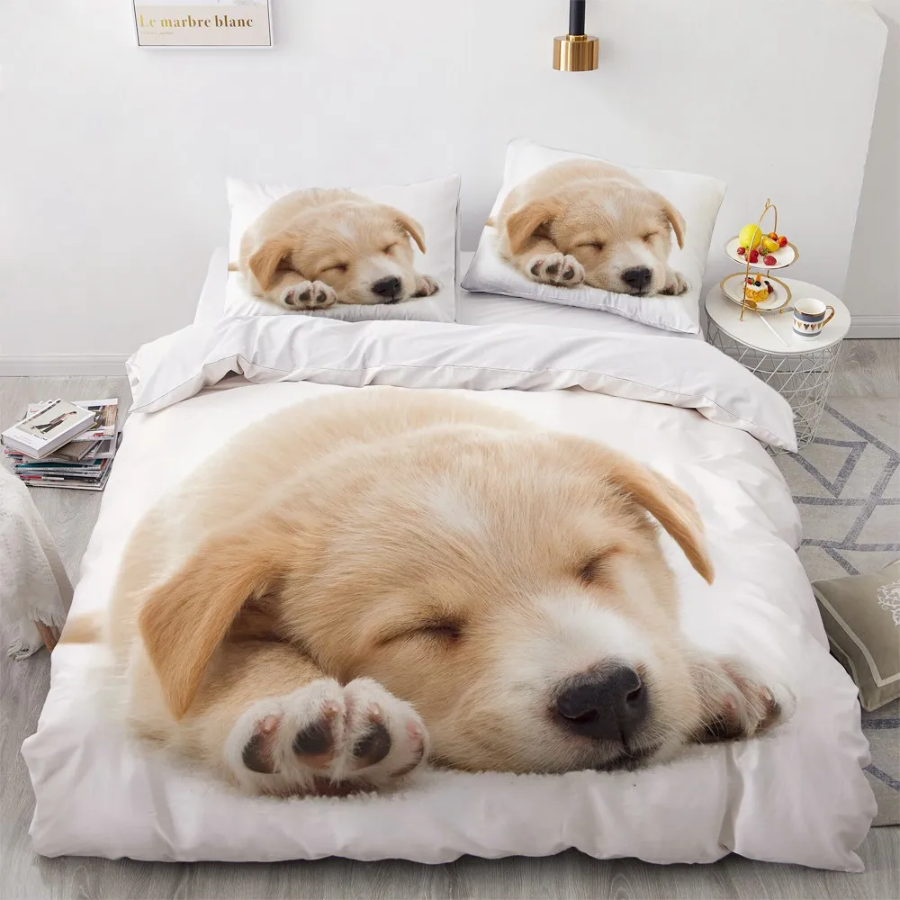 

Lovely Animal 3D Bedding Sets White Duvet Quilt Cover Set Comforter Bed Linen Pillowcase King Queen 200*220cm Size Dogs Pets Dog