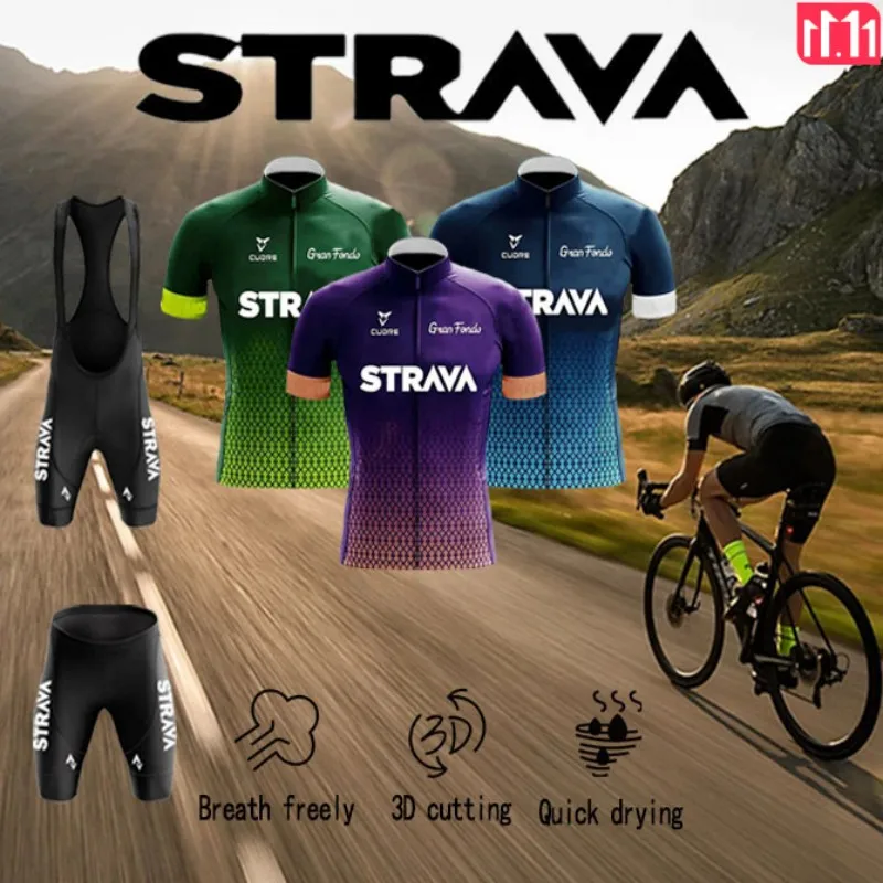 

STRAVA Mountain Bike Road Bike Men's Summer Cycling Jacket Short Sleeve Bib Shorts Three-Piece Camping Riding Gear