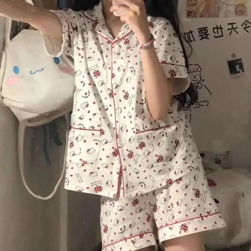 

2Pcs Sanrio Cute Pajamas Hello Kittys Girl Suit Kawaii Short Sleeve Shorts Comfortable Casual Loose Cartoon Student Home Clothes