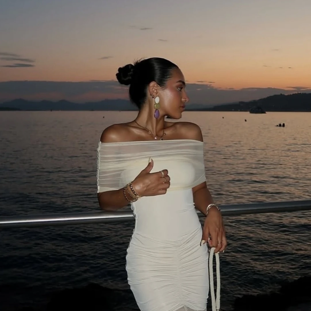 Mingmingxi 夏オフショルダーの女性のドレス 2025 新着ミニボディコンメッシュドレスセクシーなパーティーナイトドレス