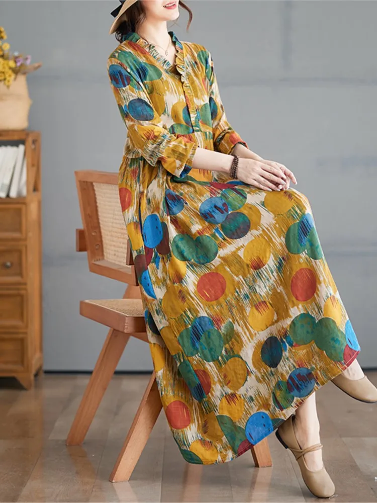 เดรสผ้าฝ้ายลายจุดแฟชั่นลำลองสำหรับผู้หญิง ไซส์ใหญ่ สไตล์ฤดูใบไม้ผลิ/ฤดูร้อน ทรงหลวม จับจีบ แขนยาว