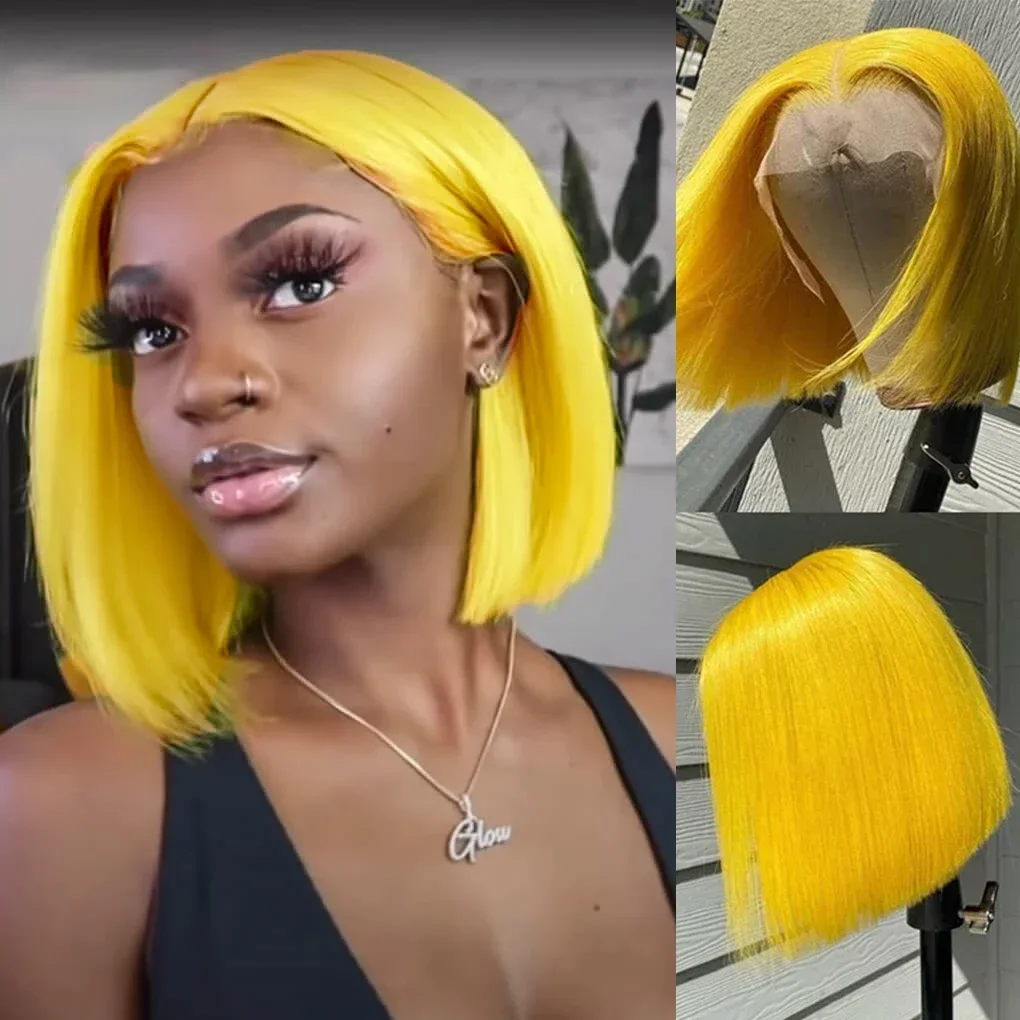 

Yellow Short Bob Human Hair Wigs 13x6 Lace Frontal Wig Colored Human Hair Wigs 100% Wearing It At A Banquet Is Great 180%Densit