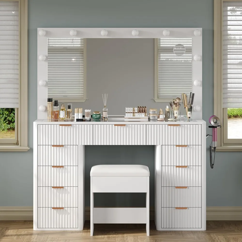 

11 Drawers Vanity Desk, Fluted Makeup Vanity with Power Outlet & Lighted Mirror, 3 Lighting Modes Adjustable, Vanity Set.
