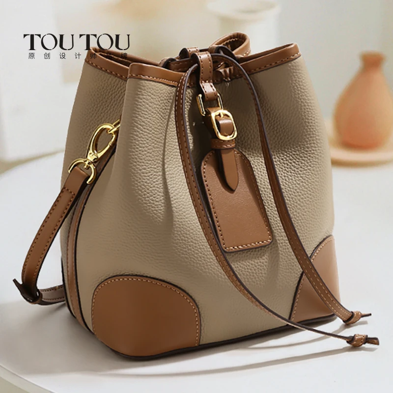 TOUTOU Niche Design Colorblock Bucket Bag, All-Match Drawstring Abg For Worek, Classic Shoulder Bag