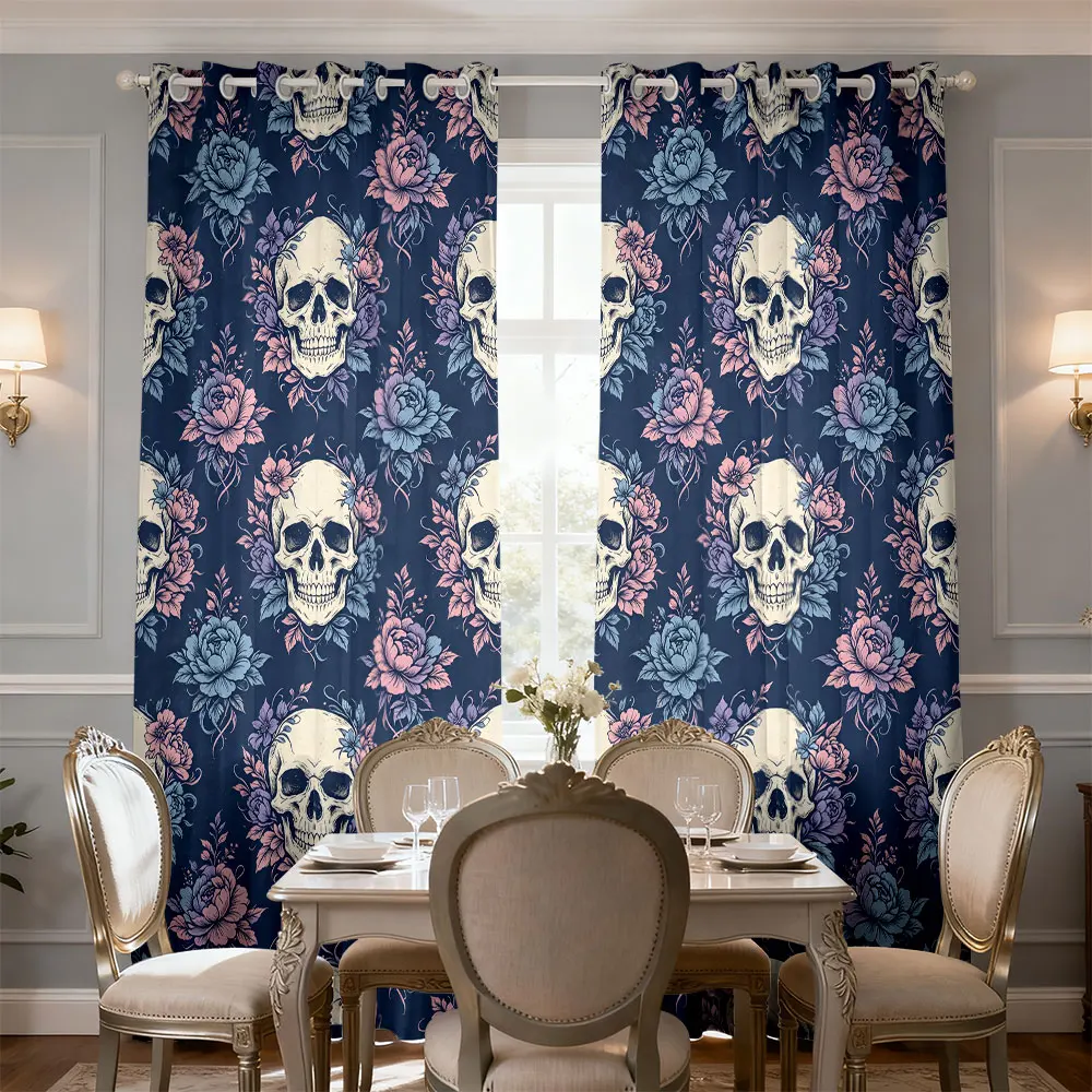 2pcs 90g printed curtains decorated with skull heads and pink-blue floral patterns, suitable for machine washing.