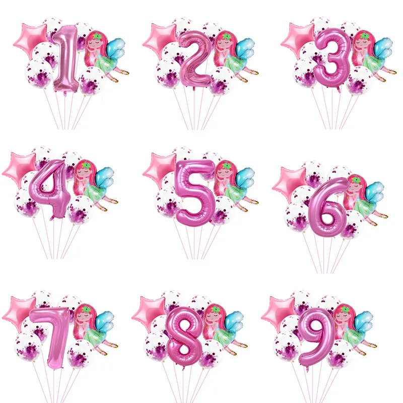 8pcs Girl Birthday Balloons Set Fairy Foil Balloons Number Helium Balloon 1 2 3 4 5 6 7 8 9 Years Old Kids Birthday Party Gifts