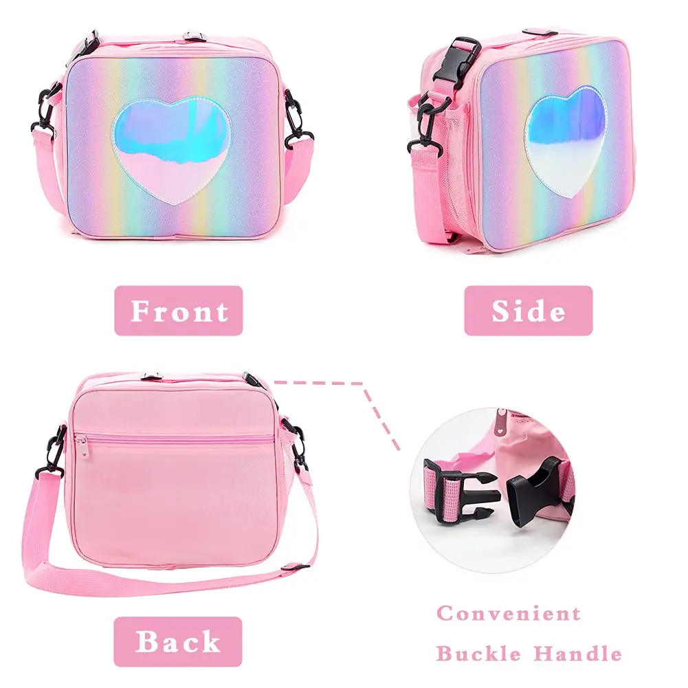 Lunch Bag Rainbow Loving Heart Laser Portable Large Bento Pouch for Children Girl Thermal Insulated Cooler Shoulder Picnic Box