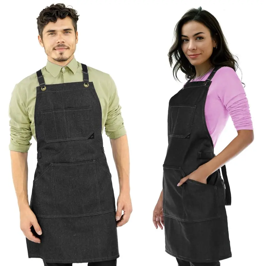

NY Sky Essential Black Denim Apron CrossBack with Leather Reinforcement Adjustable for Men and Women Pro Chef, Tattoo Artist, Ba