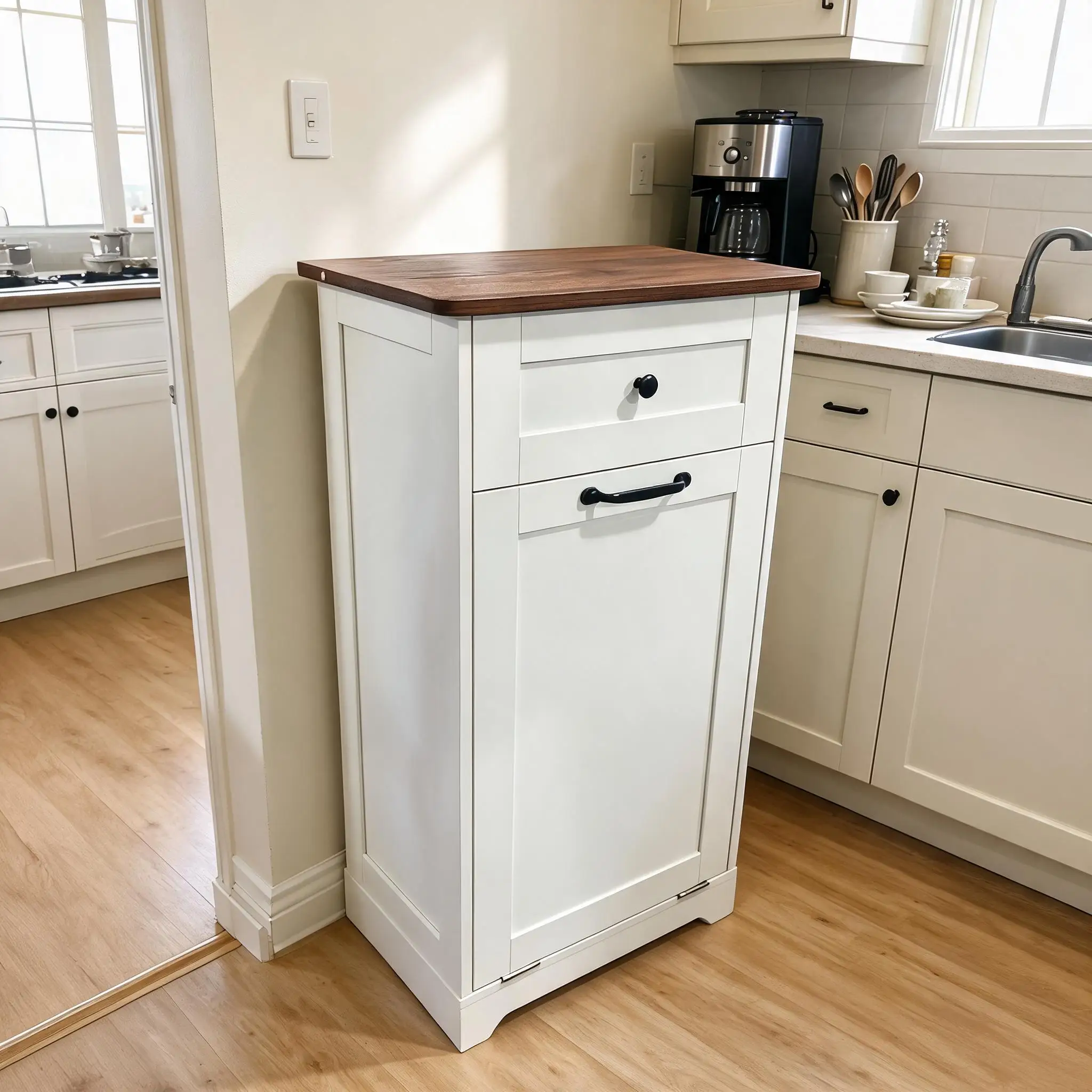 Freestanding Chipboard Garbage Cabinet Organizer, Tilt-Out Kitchen Trash Bin Cabinet, Multi-Purpose Laundry Hamper Cabinet with Drawer, Hidden Waste Storage Furniture for Kitchen, Laundry Room, Household Use