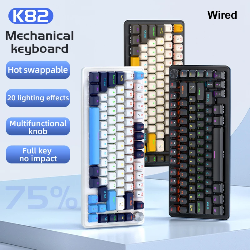 APAYDO K82 75% Wired Mechanical Keyboard, RGB Backlight, Hot Swappable Blue Switches, 82 KEY, Multifunctional Knob, Windows&Mac