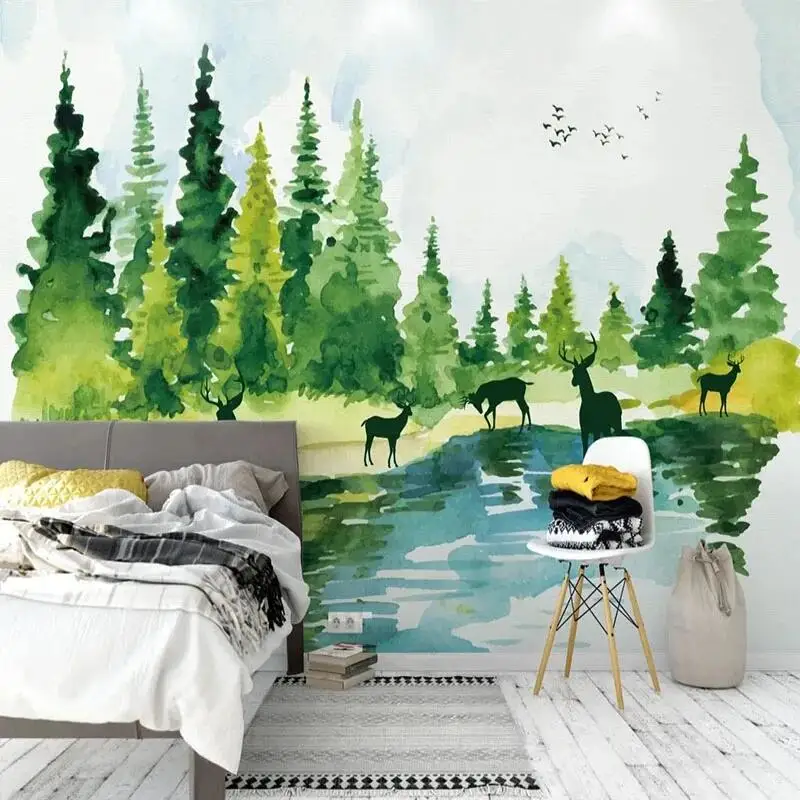 Custom 3D Wall Mural Modern Watercolor Elk Forest Landscape Painting Photo Wallpaper Living Room TV Bedroom Murales De Pared 3D